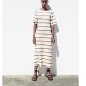 Cream knit dress with small black stripes. Size L. Zara